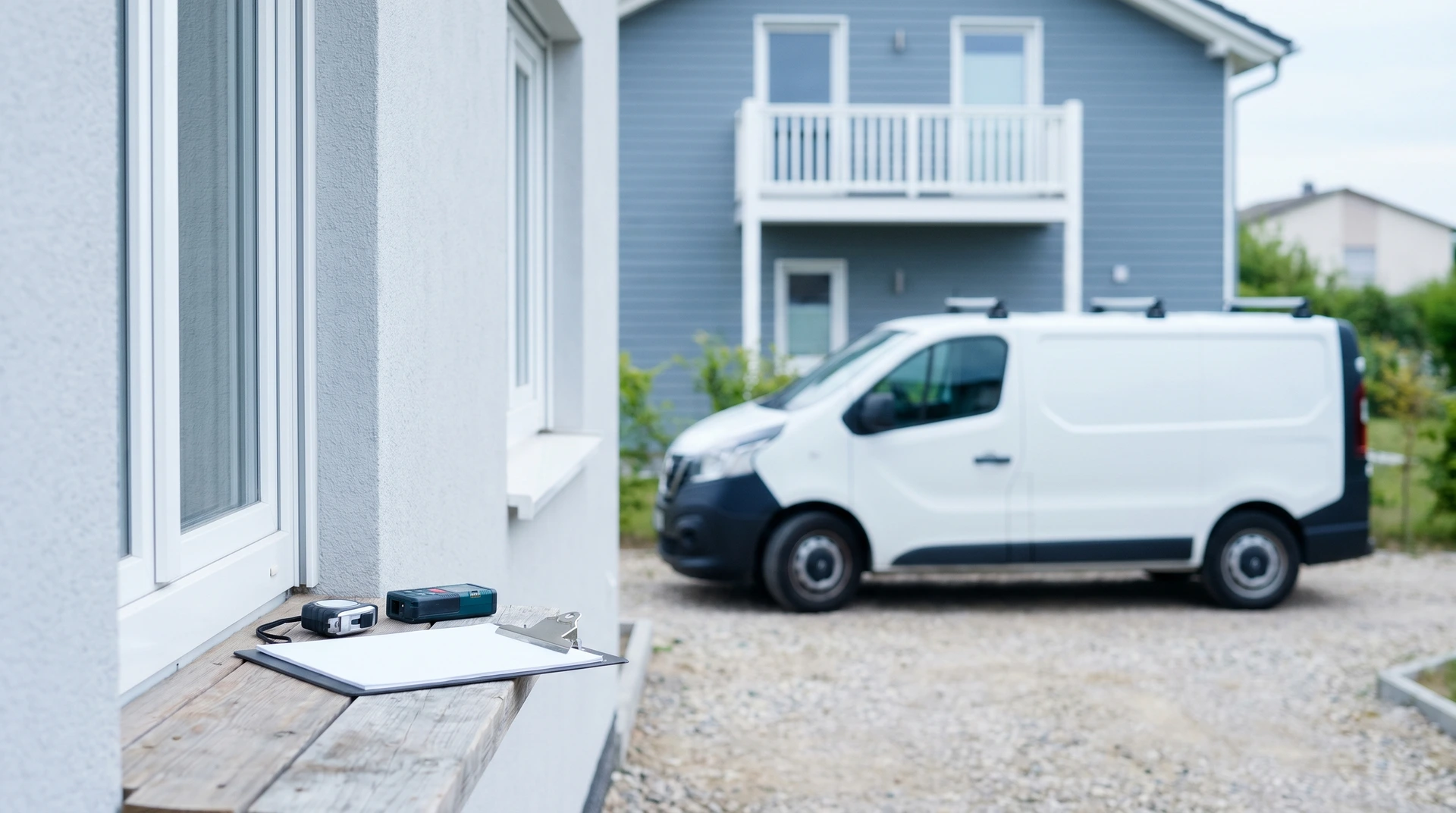 Vit skåpbil parkerad utanför bostadshus under konstruktion med verktyg i förgrunden.