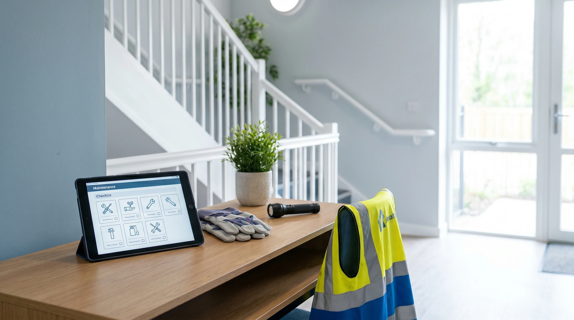 Arbetsyta med surfplatta som visar underhållschecklista, arbetshandskar och varselväst.