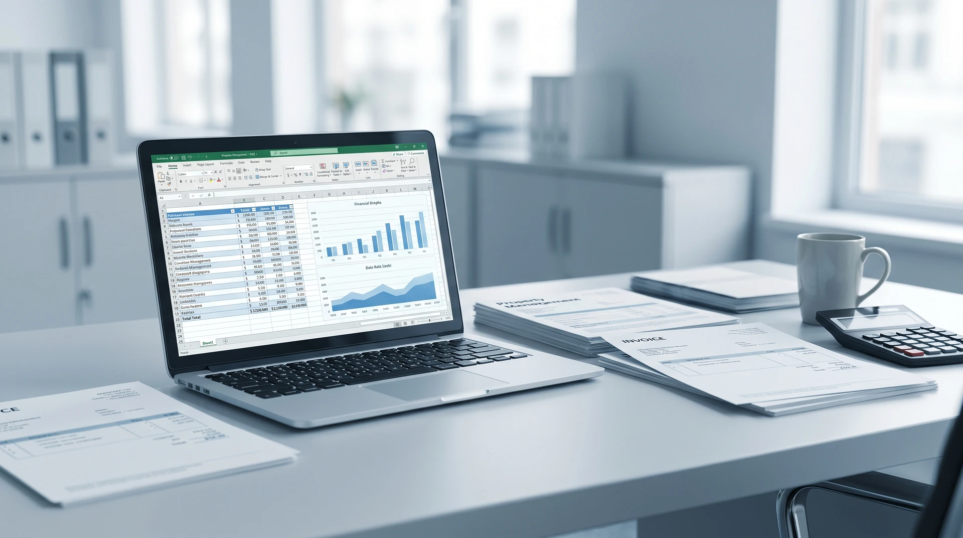 Laptop med Excel-kalkylblad och diagram på kontorsskrivbord med dokument och kaffekopp.