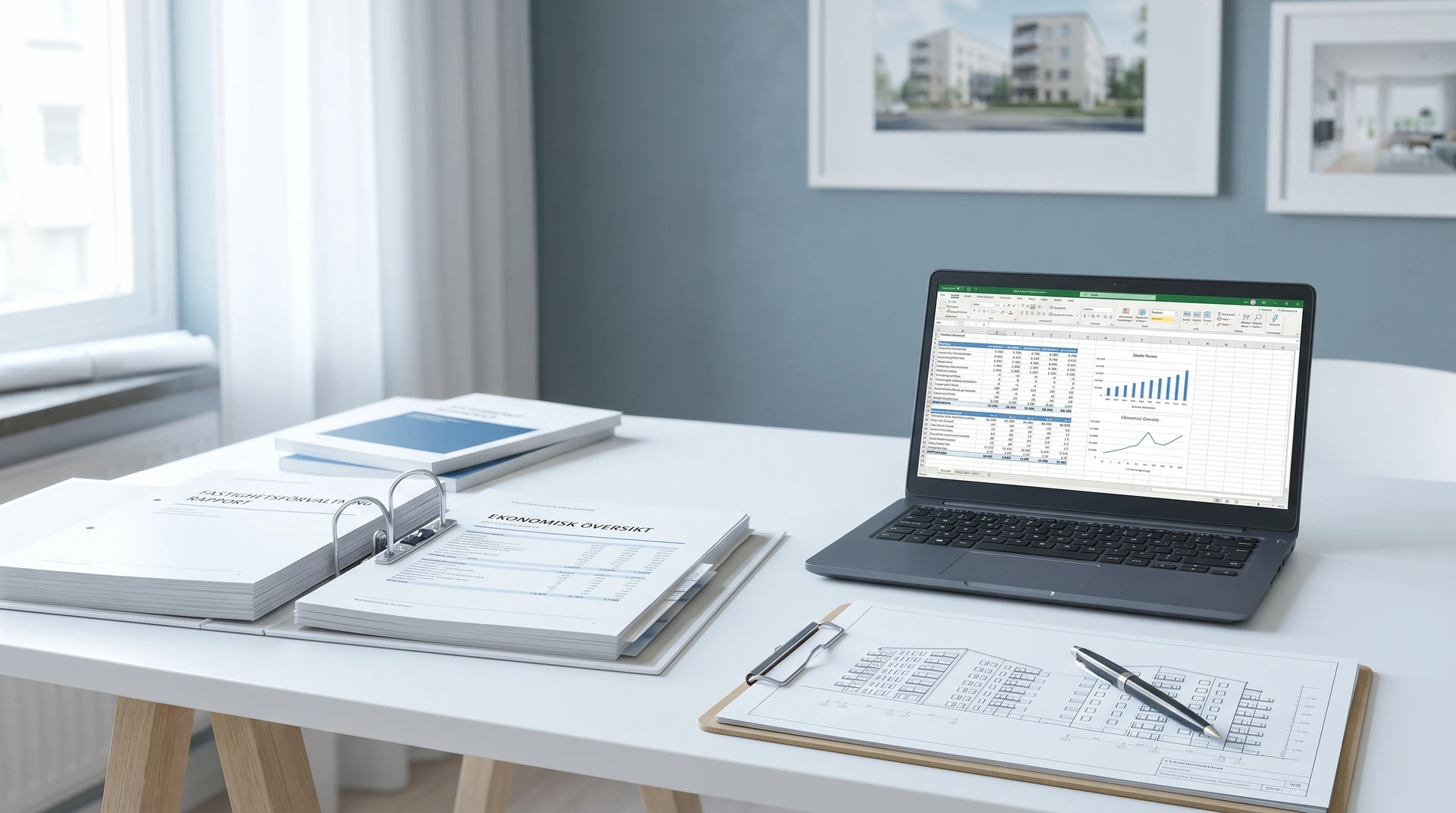 Arbetsbord med laptop som visar Excel-diagram, pärm och dokument.