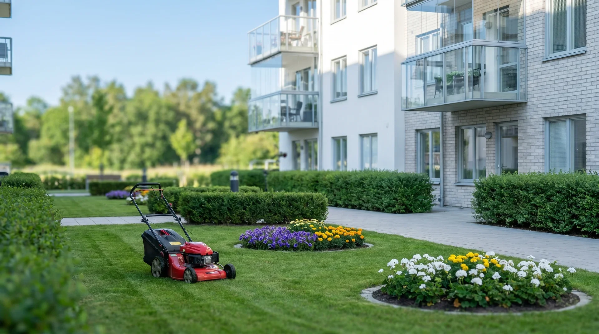 Röd gräsklippare på välskött gräsmatta framför moderna lägenhetsbyggnader med blomsterrabatter.