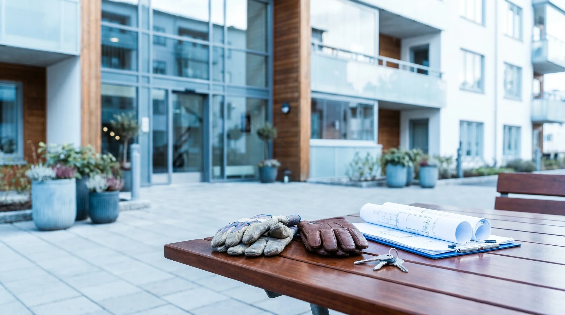 Bygghandlingar och arbetshandskar på bänk framför modernt bostadshus